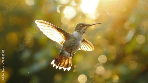 A hummingbird is flying in the air with its wings spread wide. The bird is surrounded by a blurry background, which gives the image a sense of motion and energy photo