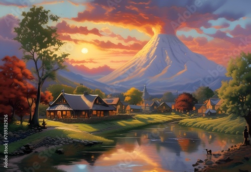 a painting of a mountain in the background  with a lake