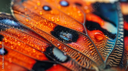 A close up of a butterfly wing with droplets of water on it. The wing is orange and black with a blue spot photo