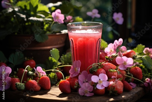 Strawberry juice in a vegetable garden with colorful flowers and a serene atmosphere., generative IA