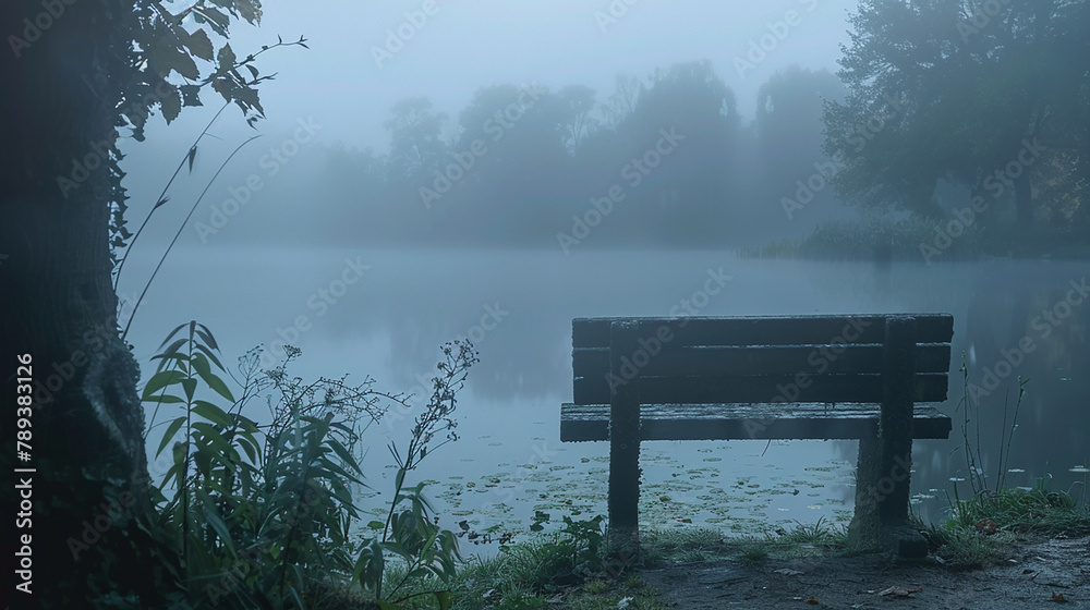A weathered bench overlooks a misty lake in the early morning.