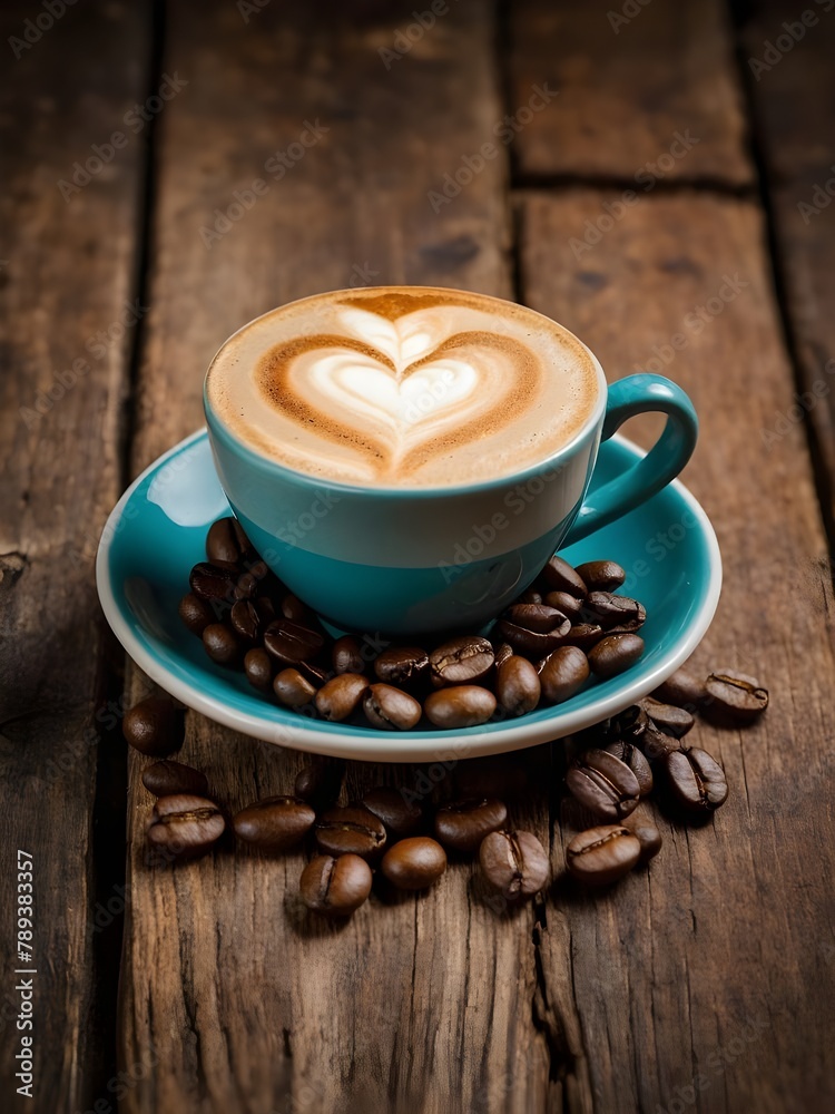 Cup of coffee latte with heart shape and coffee beans on old wooden background. Ai Generative. Cup of coffee latte with heart shape and coffee beans on old wooden background. Ai Generative.