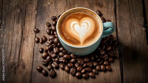 Cup of coffee latte with heart shape and coffee beans on old wooden background. Ai Generative.