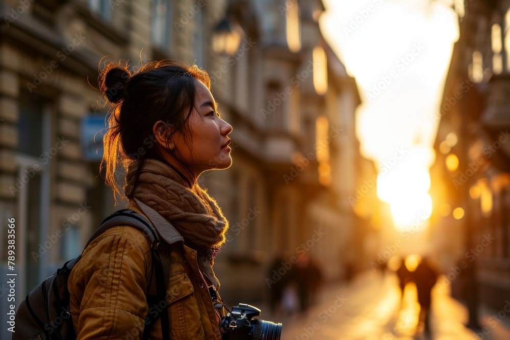 solo female traveller vloger influencer walk sightseeing europe city travel hand hold camera happiness joyful enjoy travel in old town sunset moment solo female traveller vloger influencer walk sightseeing europe city travel hand hold camera happiness joyful enjoy travel in old town sunset moment