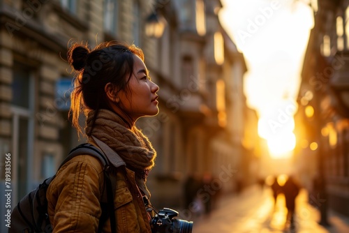 solo female traveller vloger influencer walk sightseeing europe city travel hand hold camera happiness joyful enjoy travel in old town sunset moment photo