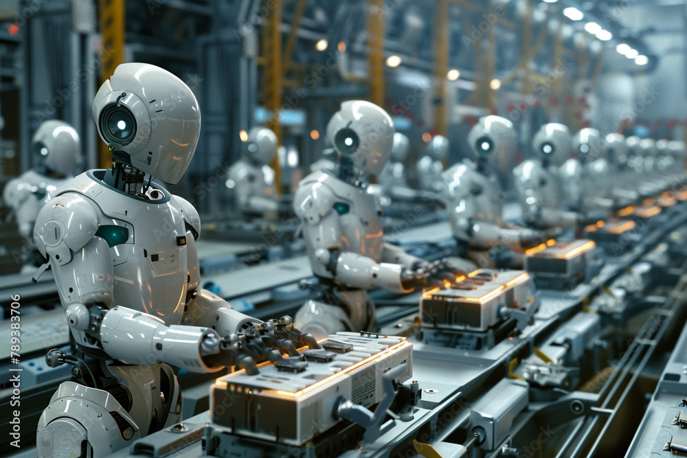 A depiction of a busy robotic assembly line in an ultra-modern manufacturing plant A depiction of a busy robotic assembly line in an ultra-modern manufacturing plant