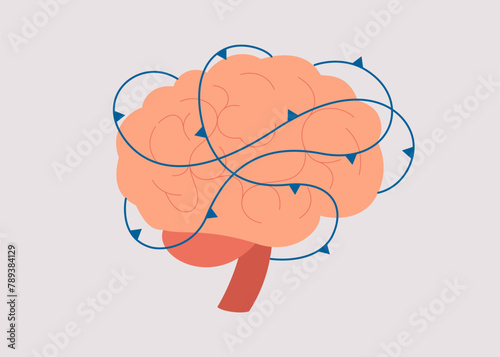 Human brain surrounded by the prickly thorns. Brain restriction or impairment function. Mental neurological disorders and illness concept. Vector flat illustration