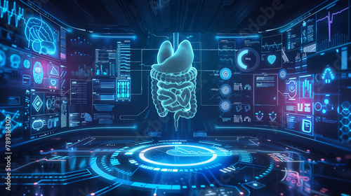 Futuristic Medical Technology Concept with Holographic Human Intestines photo
