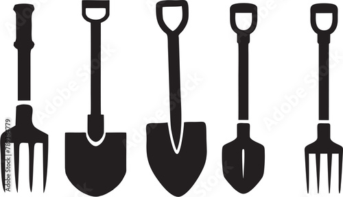Gardening tool silhouette icons. Environment friendly hobby. Landscaping and plant trimming equipment set in high quality. photo