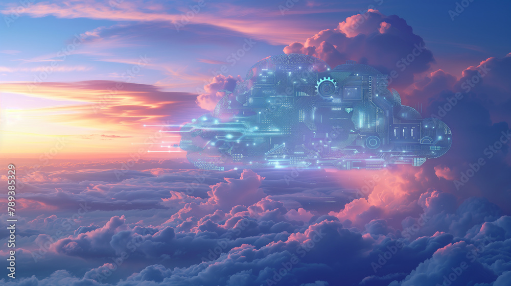 Futuristic Cybernetic Cityscape Shrouded in Clouds and Digital Overlays