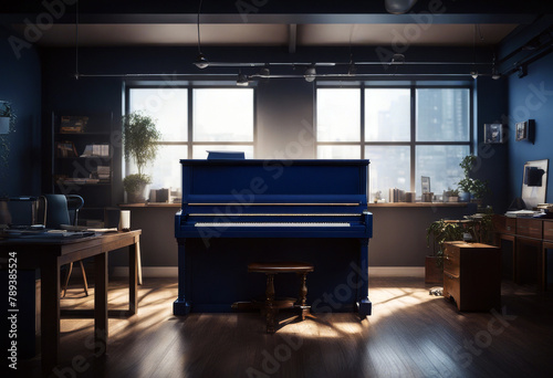office themed illustration piano Modern dark blue interior room music instrument home table chair furniture house design living window dining wood luxury wall floor decor