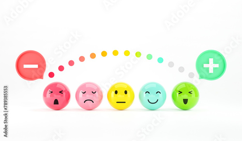 Customer choose emoji emoticons happy mood on emotions satisfaction meter, evaluation, Increase rating, Satisfaction and best excellent services rating concept, Feedback concept design, 3d render.
