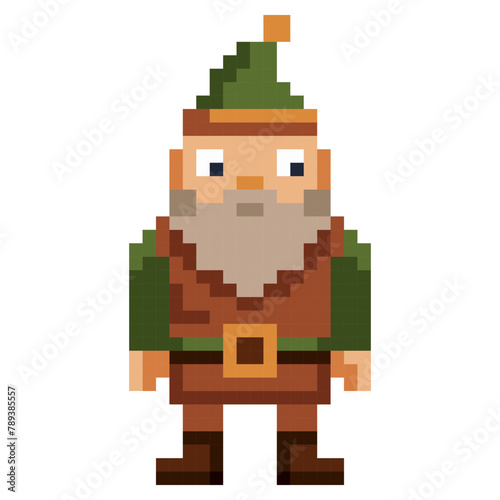 Pixel art bearded gnome isolated on white background. 8 bit leprechaun logo. Fairy tale character. Dwarf mascot.