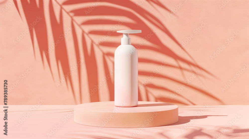 white bottle with a pump head on a round podium mockup, next to it there is an exotic leaf in shadow and light against a pastel peach background. mock up template for presenting beauty products white bottle with a pump head on a round podium mockup, next to it there is an exotic leaf in shadow and light against a pastel peach background. mock up template for presenting beauty products