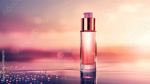 A single elegant perfume bottle on a reflective surface with a pink and purple hued backdrop suggesting luxury and simplicity.