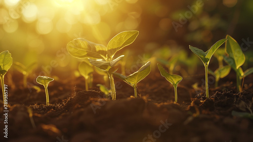 Seedlings Growing in Fertile Soil with Warm Sunlight - New Life and Growth Concept photo