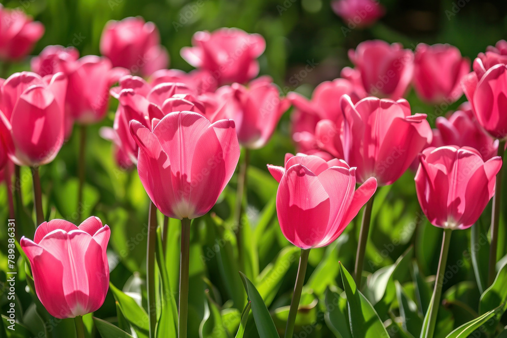 Blooming pink tulips in a field with green leaves on the ground on a sunny spring day Blooming pink tulips in a field with green leaves on the ground on a sunny spring day
