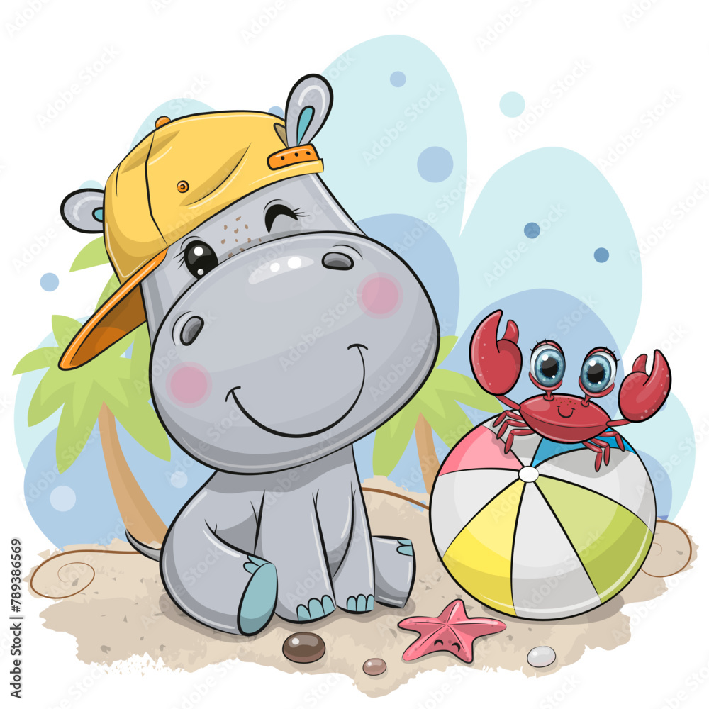 Cartoon Little Hippo and crab on the beach