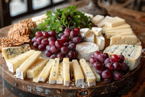 An assortment of gourmet cheeses and ripe grapes, arranged on a rustic wooden board, perfect for entertaining..