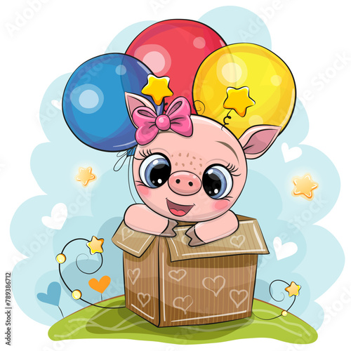 Cartoon Piggy girl in the box with balloons