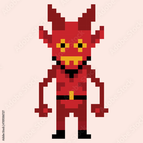 Pixel devil or demon icon. 8 bit evil character for video games and applications.