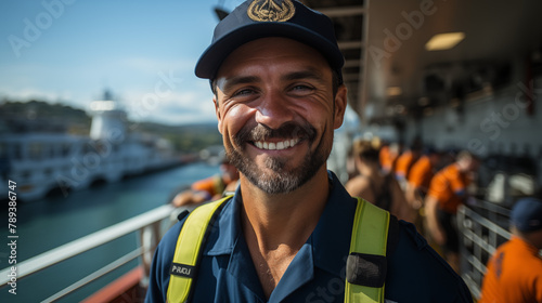 smiling navy crew member on tourist boat