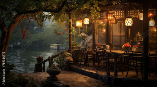 Enchanting Riverside Café Illuminated at Dusk