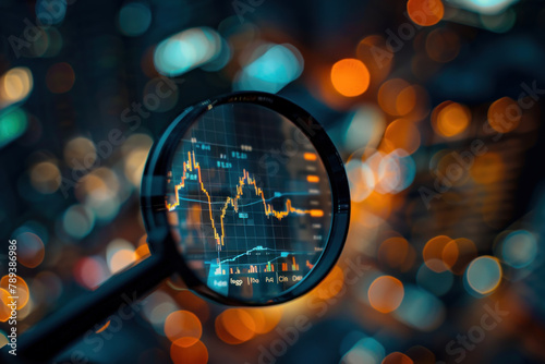 magnifying glass over a stock market graph. stock charts and data on a digital screen in the foreground with a golden glow light effect. business data with graphs and charts for finance management