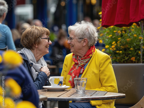 Joyful Senior Women Laughing Together at a Cafe, Colorful Urban Setting, Generative AI