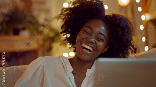 Joyful Woman with Laptop at Home