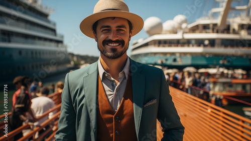 smiling man with beard, dressed in typical Central American attire, on the bridge of a pier