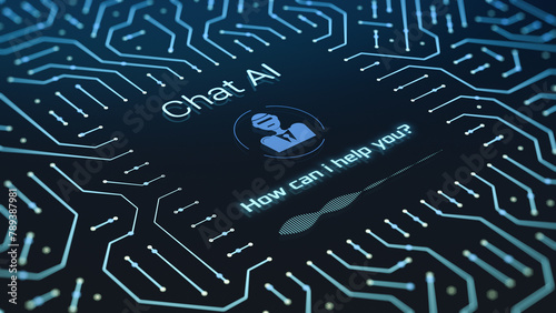 Futuristic AI chat interface with an electronic circuit, advanced AI technology, prompt for user interaction, conceptual illustration (3d render)