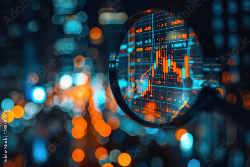 magnifying glass over a stock market graph. stock charts and data on a digital screen in the foreground with a golden glow light effect. business data with graphs and charts for finance management