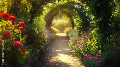 A stone path leads through an archway covered in pink flowers into a misty forest.