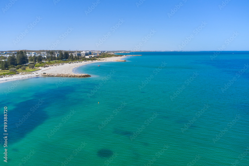 Drone view across the water towards South Beach, near Fremantle, Western Australia Drone view across the water towards South Beach, near Fremantle, Western Australia