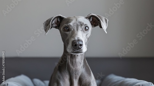 Craft a visually captivating scene featuring a grey dog against a neutral background