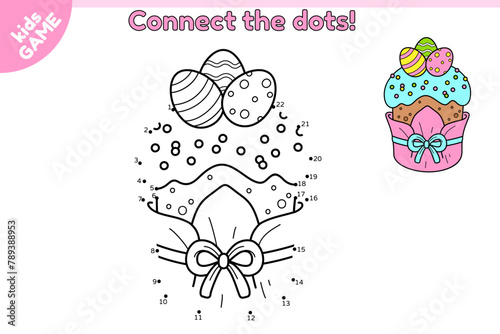 Dot to dot Easter game for children. Connect the dots by numbers, draw a cartoon Easter cake and color it. Kulich decorated with a bow and painted eggs. Educational puzzle for kids. Vector baby design
