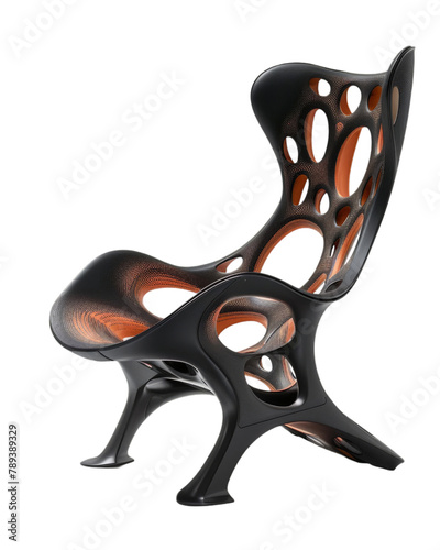 Modern black sculptural chair with openwork design and orange cushion on transparent background.