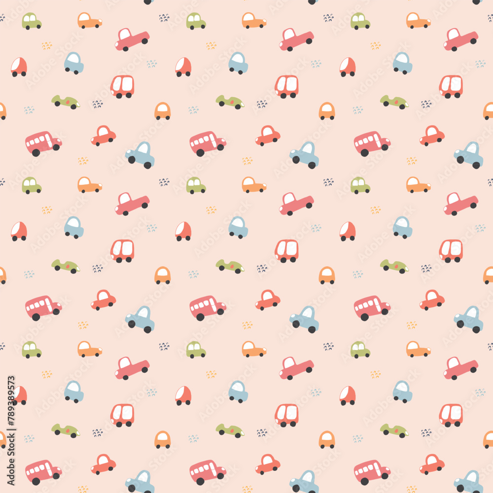 Cute Cars Seamless Pattern, Childish Cartoon background, vector Illustration