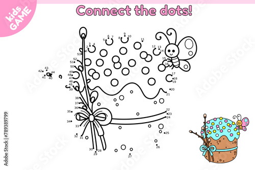 Dot to dot Easter kids game. Connect the dots by numbers, draw a cartoon Easter cake decorated with a bow and pussy willow. Color it. There is cute bee on the kulich. Puzzle for children. Vector.