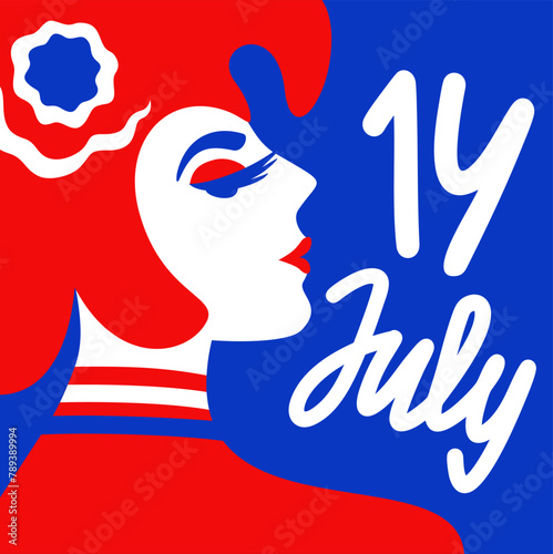 Woman in phrygian cap. Minimalistic vector isolated illustration in colors of french flag with lettering. 14 July. Bastille Day. photo