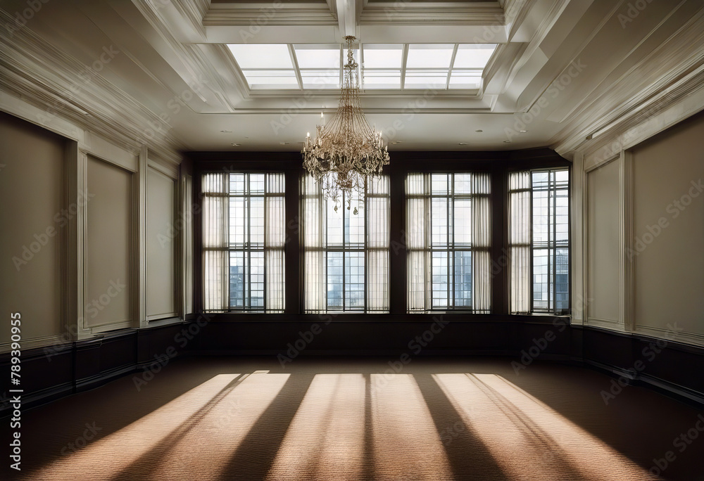 Fototapeta premium room Empty architecture attic bedchamber ceiling clean contemporary copy estate home house indoor inside interior light modern molding nobody real space trim view window