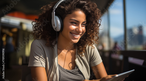 young woman with curly hair and headphones smiling sitting in a window while watching her tablet.