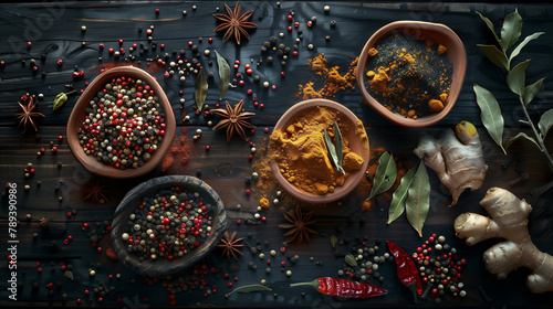 Assortment of Exotic Spices and Herbs in Wooden Bowls on Dark Background