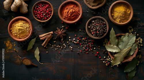 Assortment of Exotic Spices and Herbs in Wooden Bowls on Dark Background