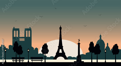 Paris Panaroma, France. Beautiful Paris architecture symbols landscape travel background postcard. Paris city skyline illustration landscape design. Vector stock photo