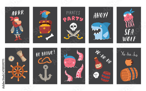 Cute Pirate cards set. Cartoon sea adventures cards collection. Vector illustration