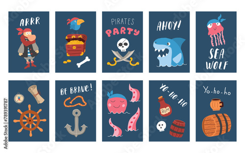 Cute Pirate cards set. Cartoon sea adventures cards collection. Vector illustration