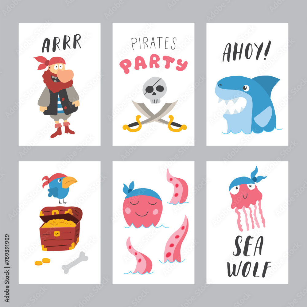 Fototapeta premium Cute Pirate cards set. Cartoon sea adventures cards collection. Vector illustration