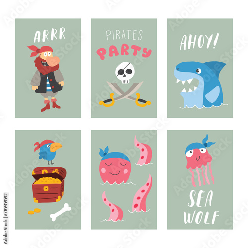 Cute Pirate cards set. Cartoon sea adventures cards collection. Vector illustration